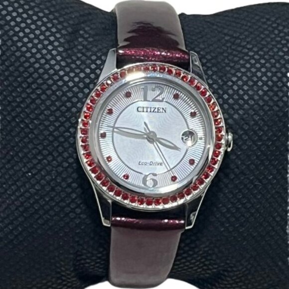 Citizen Eco-Drive Silhouette Crystal Jewel Dark Red Leather Strap Watch- EUC - Picture 2 of 8